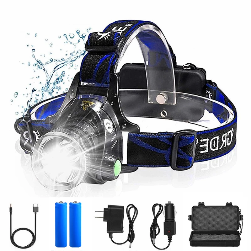 E2 8000LM Led USB Headlamp 18650 Rechargeable Torch Zoom Head Lights Waterproof Forehead Headlights Hunting Mining Fishing Light