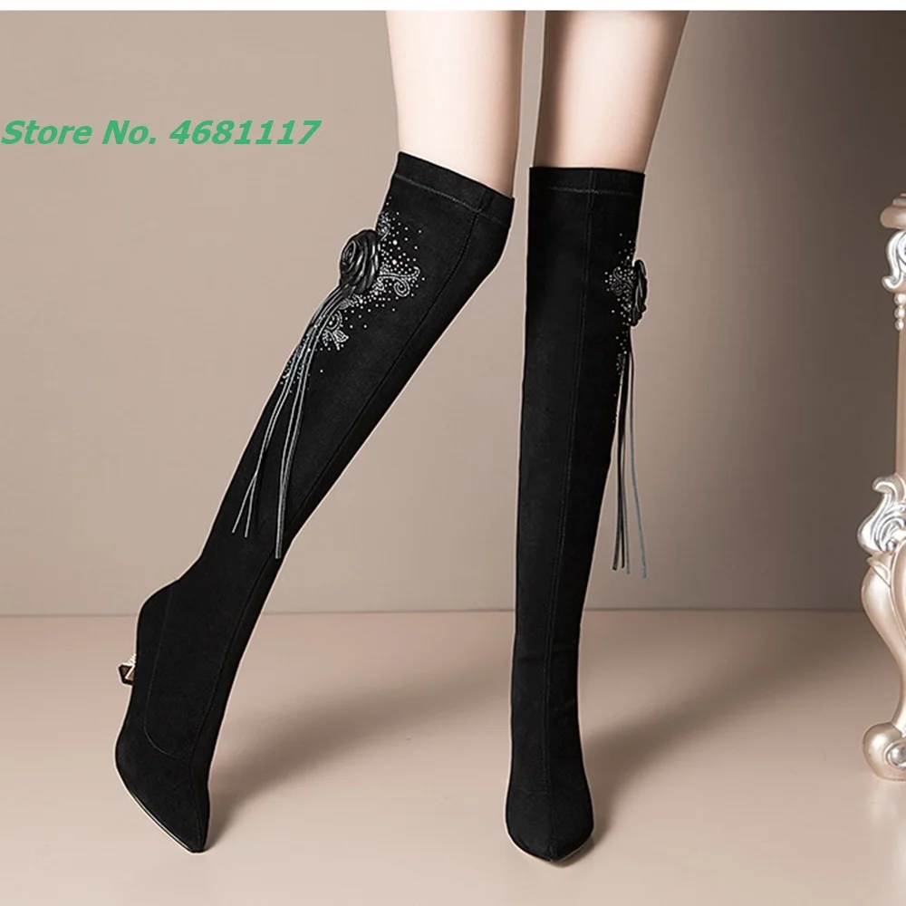 

Strange Style Crystal Heels Flower Fringe Stretch Boots Slip On Over The Knee High Pointed Toe High Heels Street Style Women