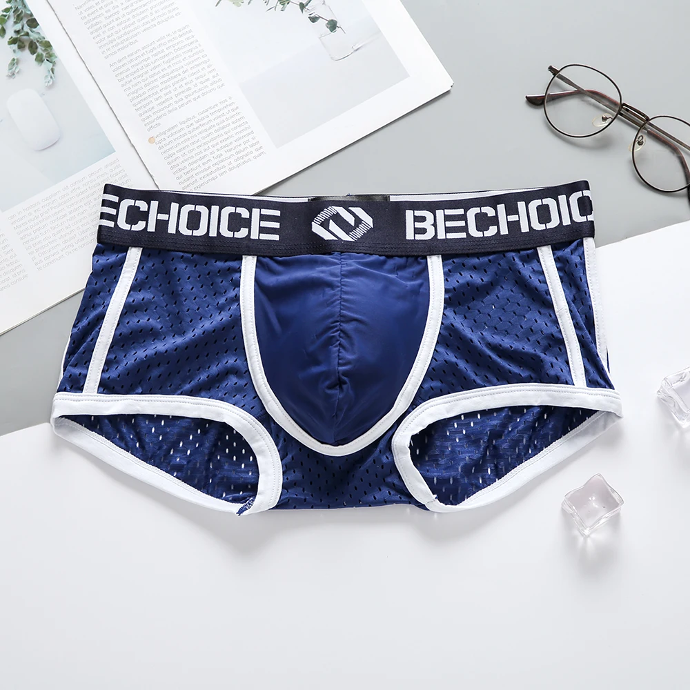 BECHOICE Men\'s Underwear Low Waist Sexy Boxer Briefs Shorts Fitting Mesh Breathable Comfortable Men Trendy Underpants Male