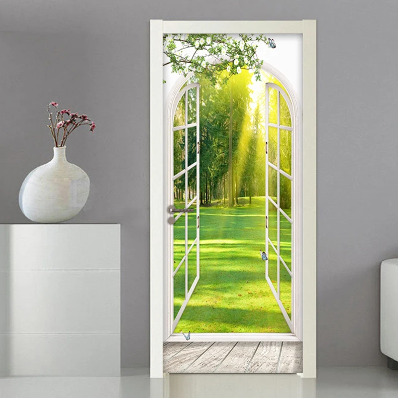 

3D Window Sunlight Green Trees Landscape Door Sticker Wall Painting Wall Decals Living Room Bedroom Self-adhesive Door Wallpaper