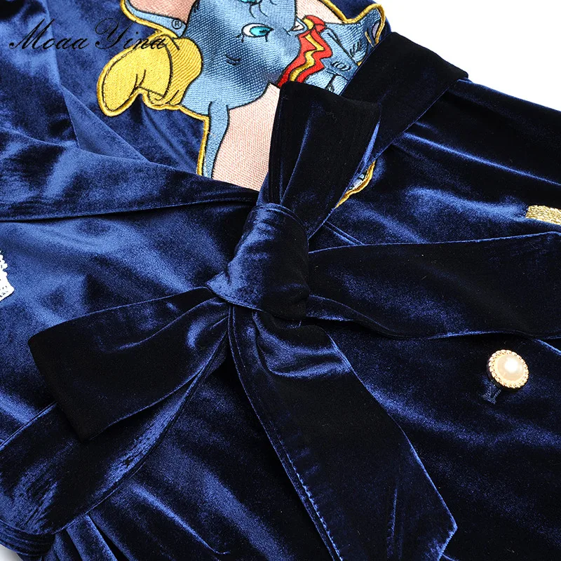 MoaaYina Fashion Designer Set Spring Summer Women Long sleeve Cartoon Embroidery Windbreaker Coat+Trousers Velvet Two-piece set
