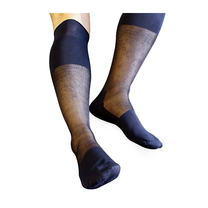 Mens Knee High Silk Hose Stockings At Play Male Silk Socks Best Quality Thick N Thin Sheer Socks For Male Navy