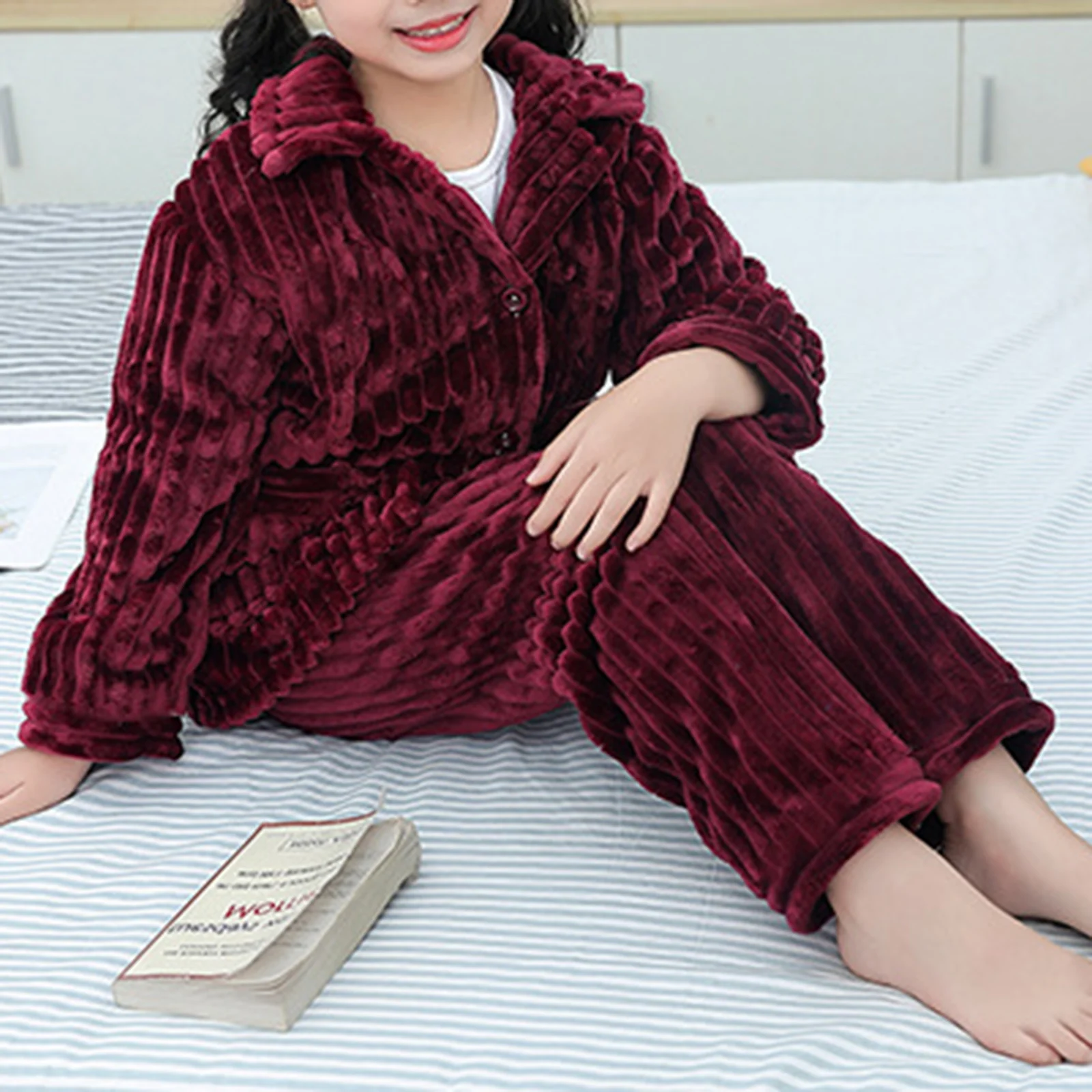 2Pcs Kids Warm Thicken Flannel Pajamas Set Lapel Long Sleeve Button Down Tops with Pants Suit Casual Kids Homewear Sleepwear