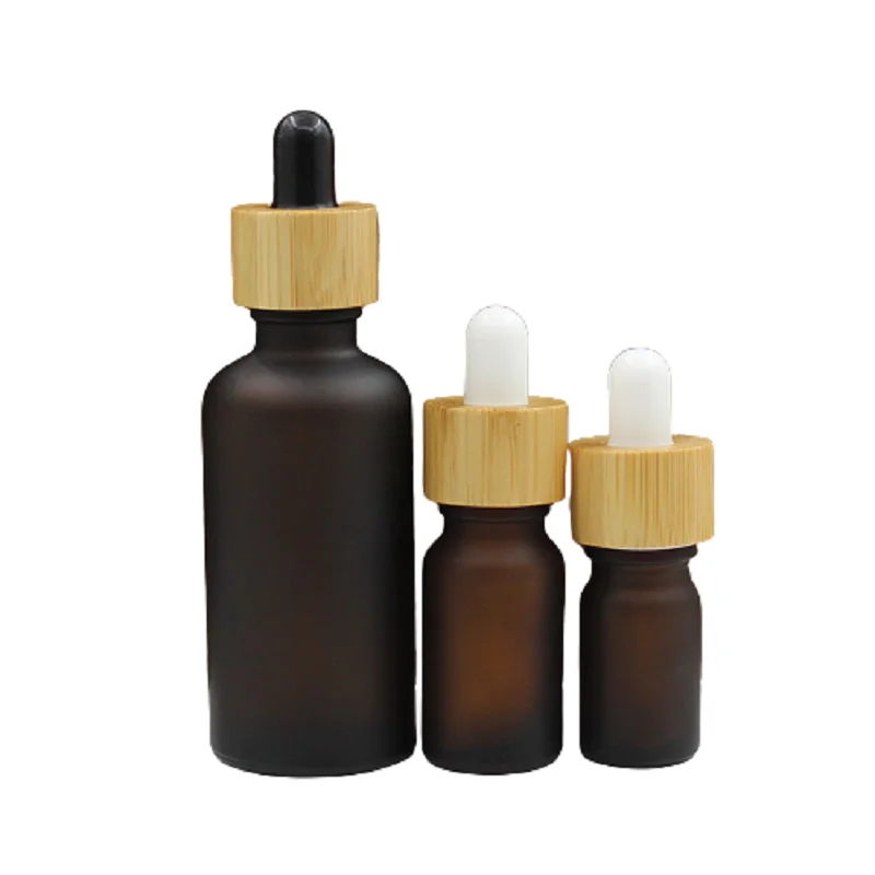 

5ml 10ml 30ml 50ml 100ml Frost Brown Dropper Pipette Bottle Bamboo Wood Lid Essential Oil Vials Cosmetic Glass Refillable Bottle