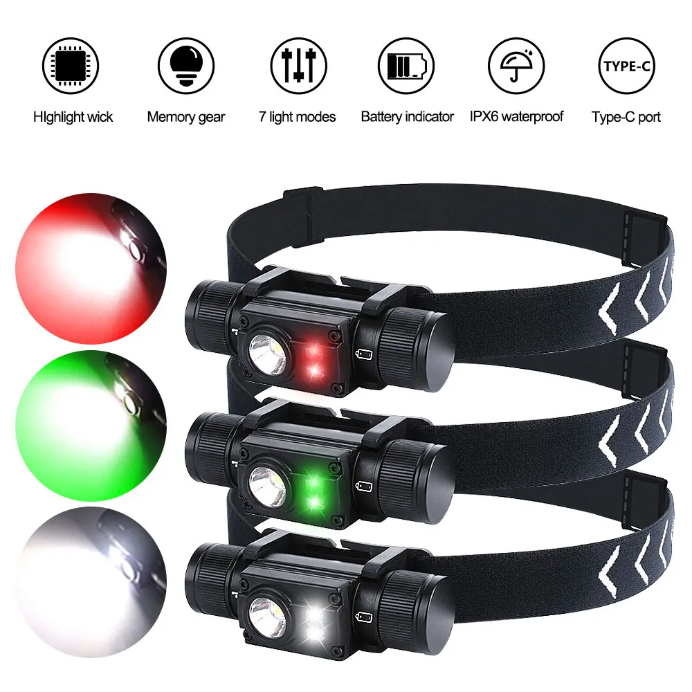 

Waterproof USB Rechargeable Headlamp White/Green/Red Light 1*L2 + 2 XPE LED Lamp 7 Modes Light for Camping Hunting Flashlight