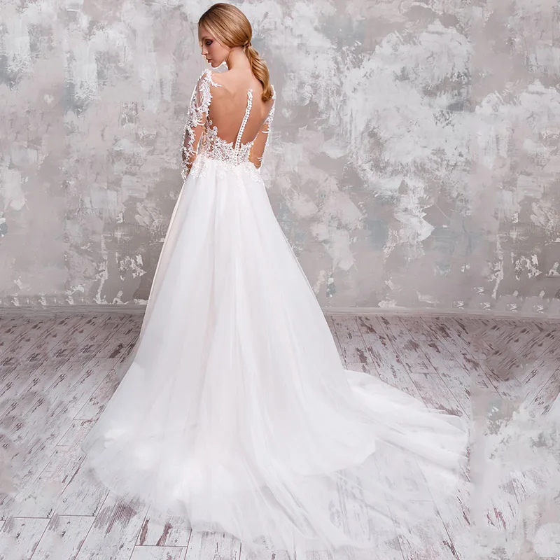 Weilinsa-Robe de mariée en tulle avec appliques pour femme, encolure dégagée, bouton dans le dos, patients, quoi que ce soit, train de cour