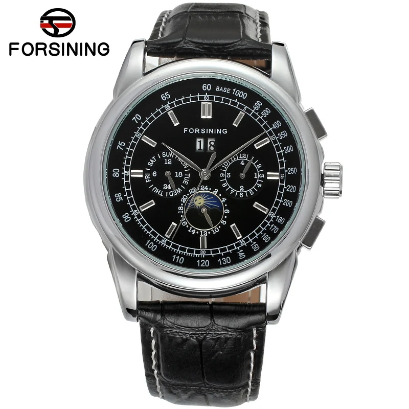 FORSINING Three eyes six pin scale mechanical watch circular black belt wrist watch Men's mechanical watch
