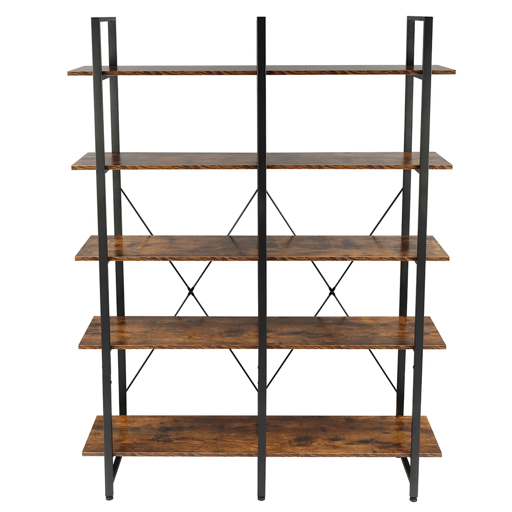 Bookshelf Double Wide 5-Tier Open Bookcase Vintage Industrial Large Shelves Bookshelves for Home Decor Display  Office Furniture