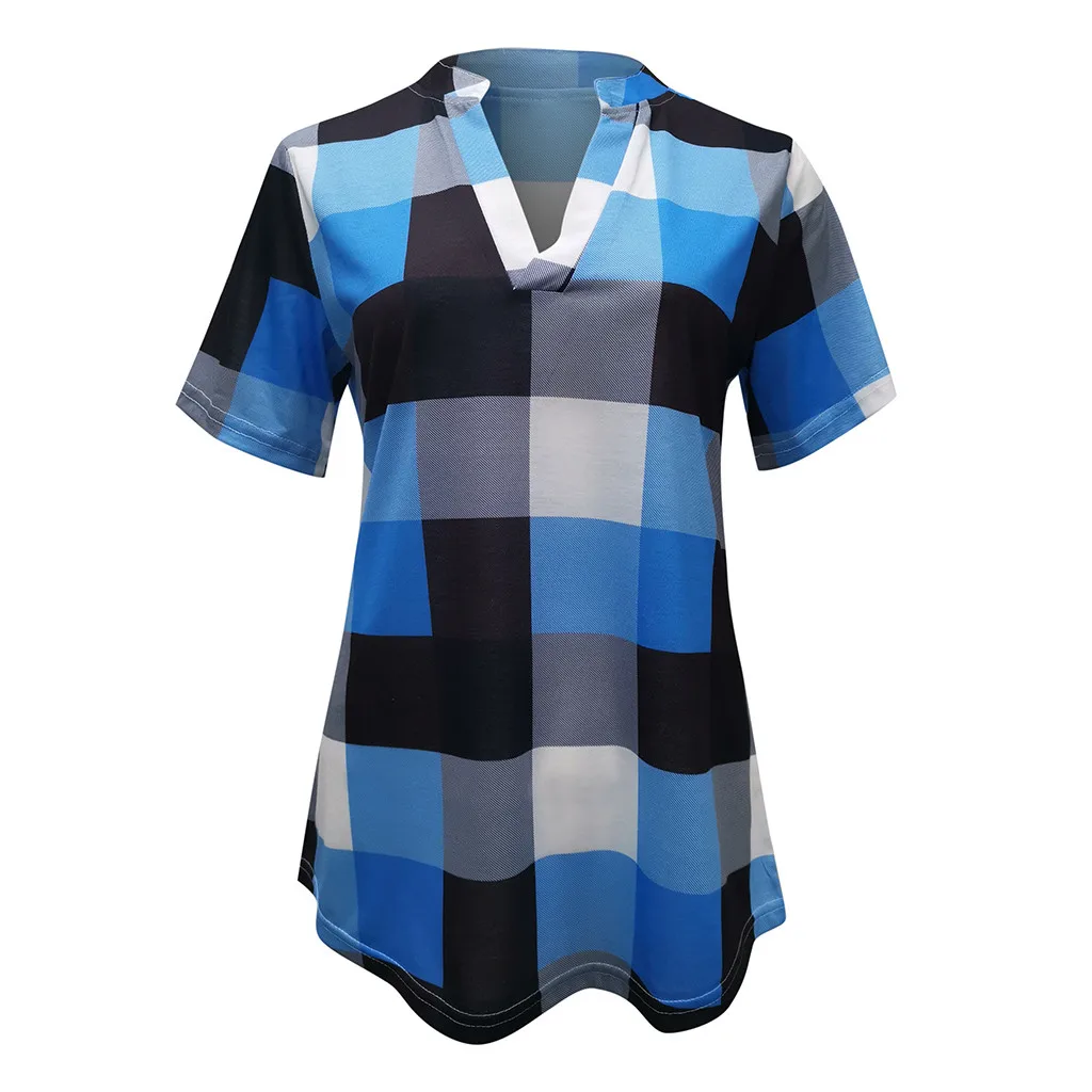 Fashion Plaid T Shirt Oversize Cotton tshirt Casual Summer Ladies Sexy V-Neck Tunic Tops Female Women Short Sleeve Shirt Blusas