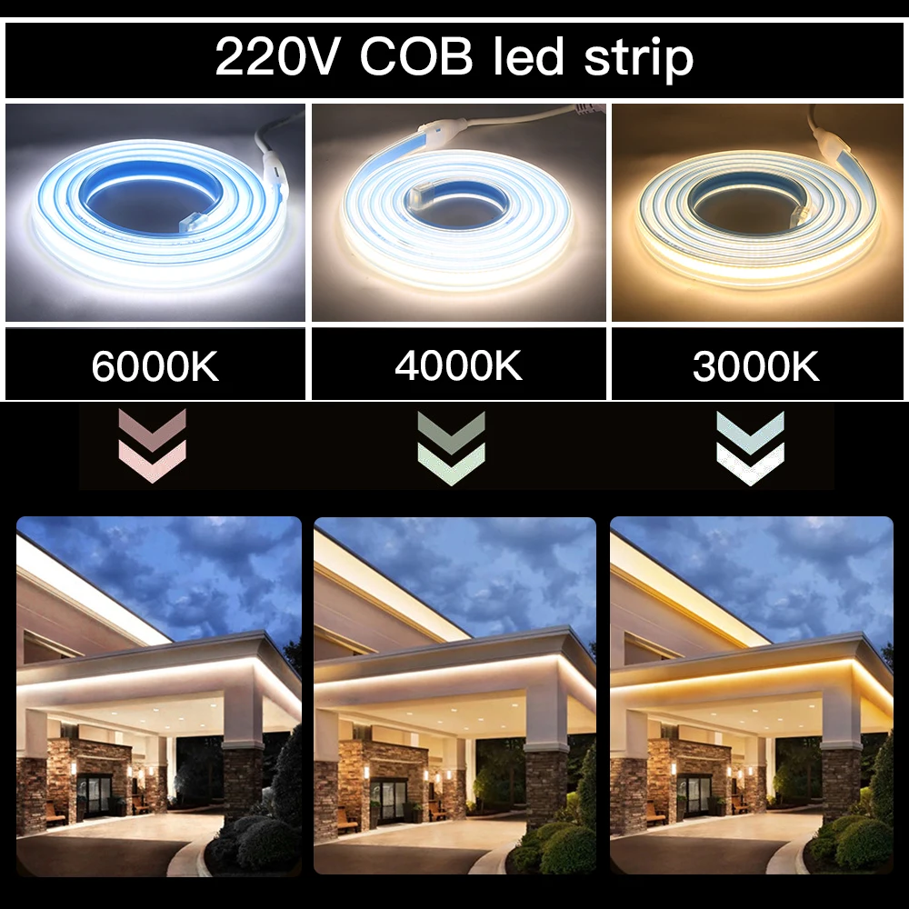 COB LED Strip AC 220V 240V EU Plug High Density RA90 3000K 4000K 6000K White Flexible Ribbon FOB COB LED Light