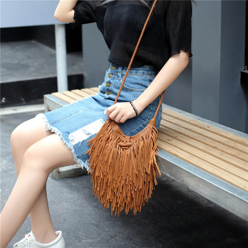 NIGEDU Beach Bohemian Tassel Women\'s Crossbody Bags Vintage manual Weave handbag bolsa franja Quality PU leather messenger bags