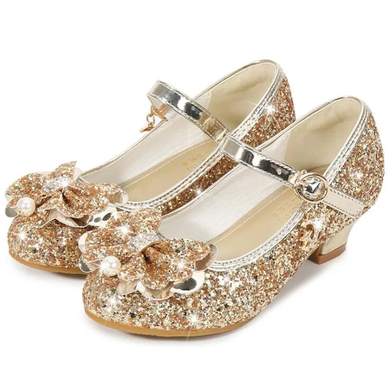 

Girls' leather shoes high heels 2023 autumn new fashion sequined bowknot children's Wedding Party shoes kids princess sandals