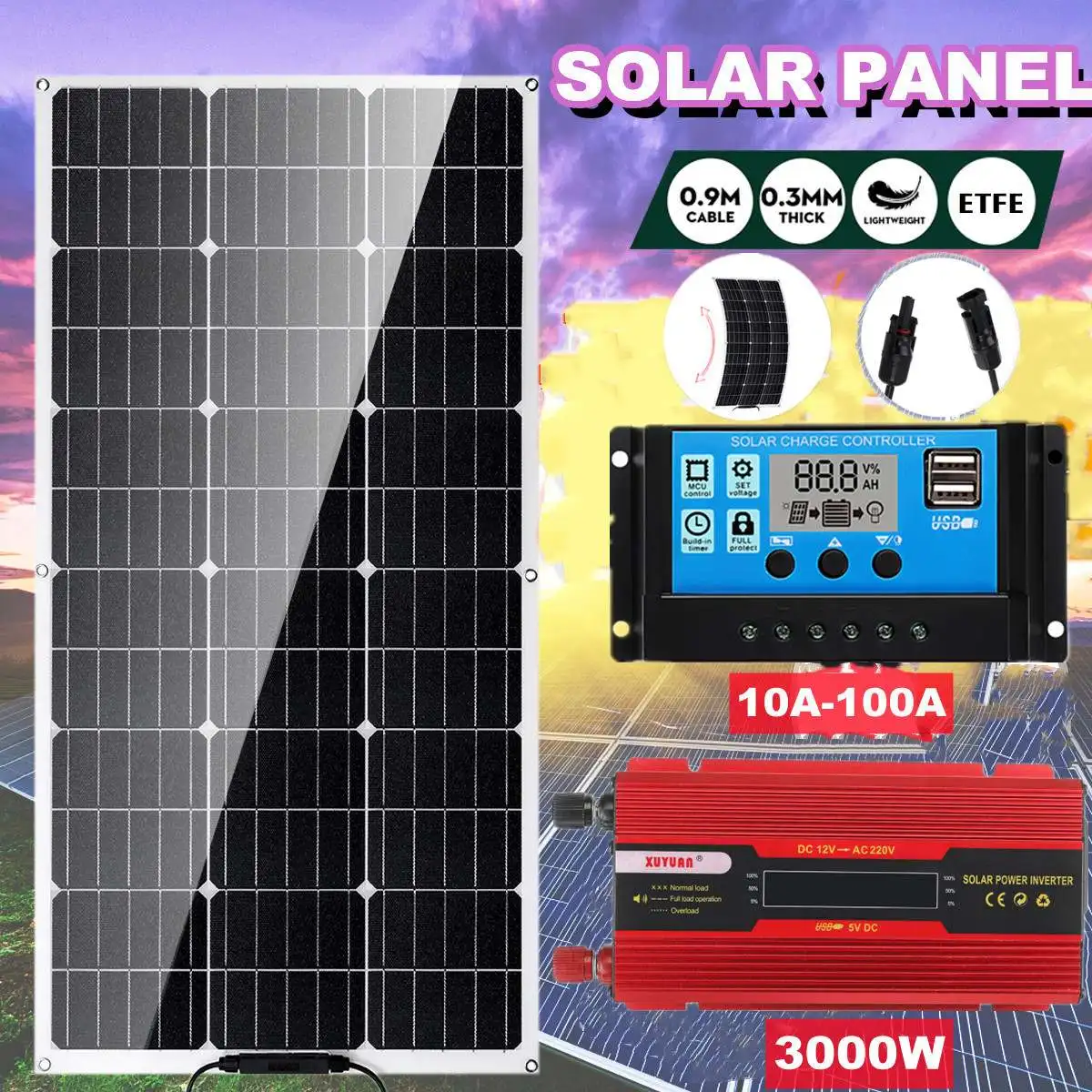 3000W Inverter di energia solare DC 12V a AC 220V/110V Kit doppio pannello solare USB con caricabatterie Controller 100A per auto camper