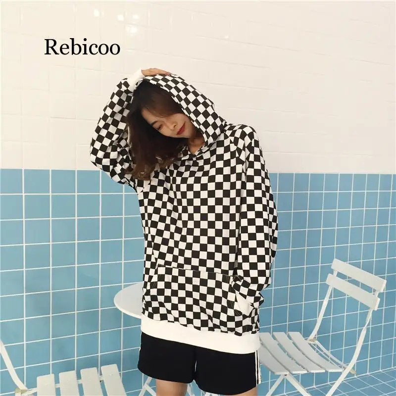 Rebicoo Fashion Black White Plaid Loose Long Sleeve Hooded Sweatshirts Women Checkerboard Hoodies Spring Autumn Streetwear