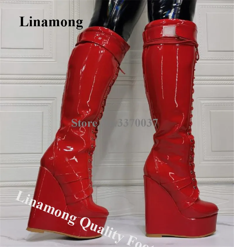 

Linamong Sexy Patent Leather High Platform Knee High Wedge Boots Red Shining Round Toe Lace-up Long Height Increased Boots Wedge