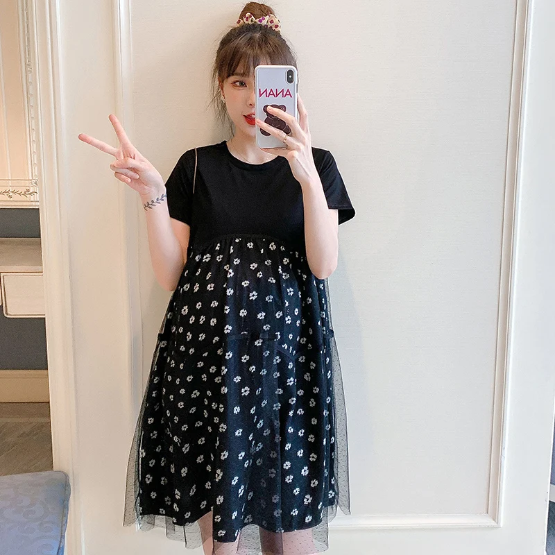 2024 Maternity summer fashion floral dresses short sleeve pregnant women mesh dress plus size woman polka dot dress wholesale