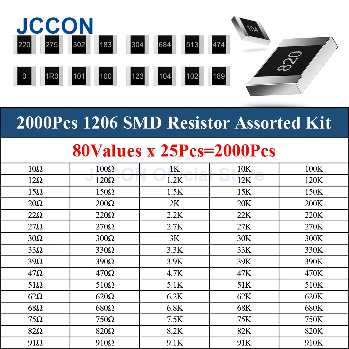 2000 Uds 1206 SMD resistencia Kit surtido 10R-910K 80 valores x 25 uds = 2000 Uds Kit de Muestra de Chip de resistencia fija DIY