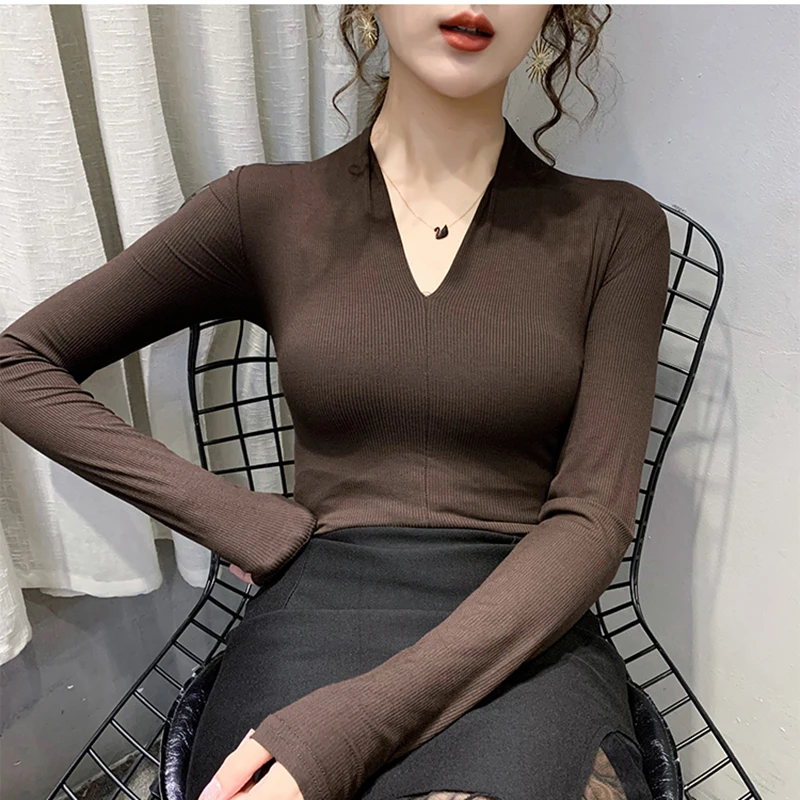 

T Shirt Women 2021 Cotton Long Sleeve V Neck Slim Soild Cotton Basic Casual Tee Shirt Femme Autumn New Woman Top Mujer Camisetas