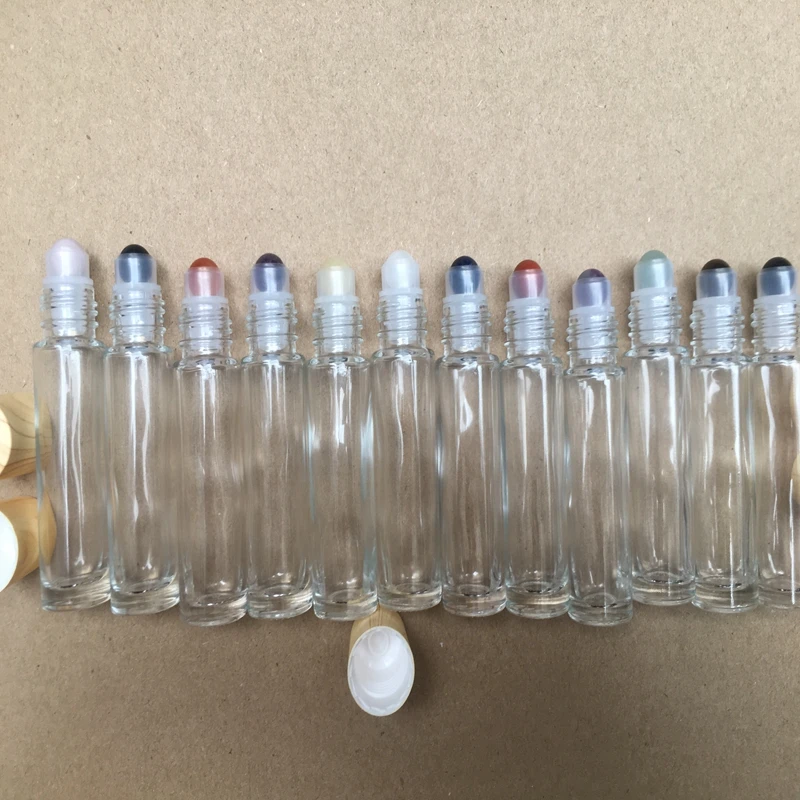 100pcs 10ML Empty gem Roller bottles transparent Thick Essential Oil glass bottle gemstone jade crystal roller plastic cap