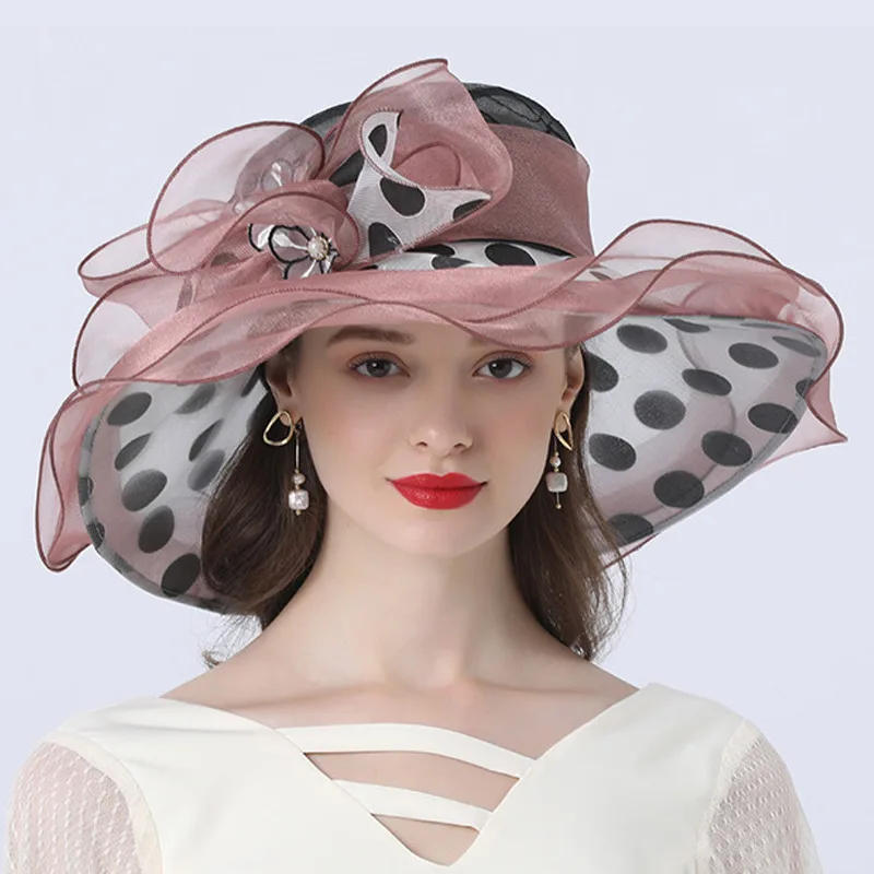 Women Summer Hat Black Dot Pattern Ruffle wide Brim Ladies Organza Hat Packable Sun Beach Hat Wedding Party Race Derby Dress Hat