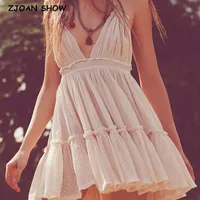 BOHO mujeres con cordones arco cuello Halter orejas de madera Patchwork malla plisado Mini vestido dobladillo oscilante espalda descubierta bata de vacaciones