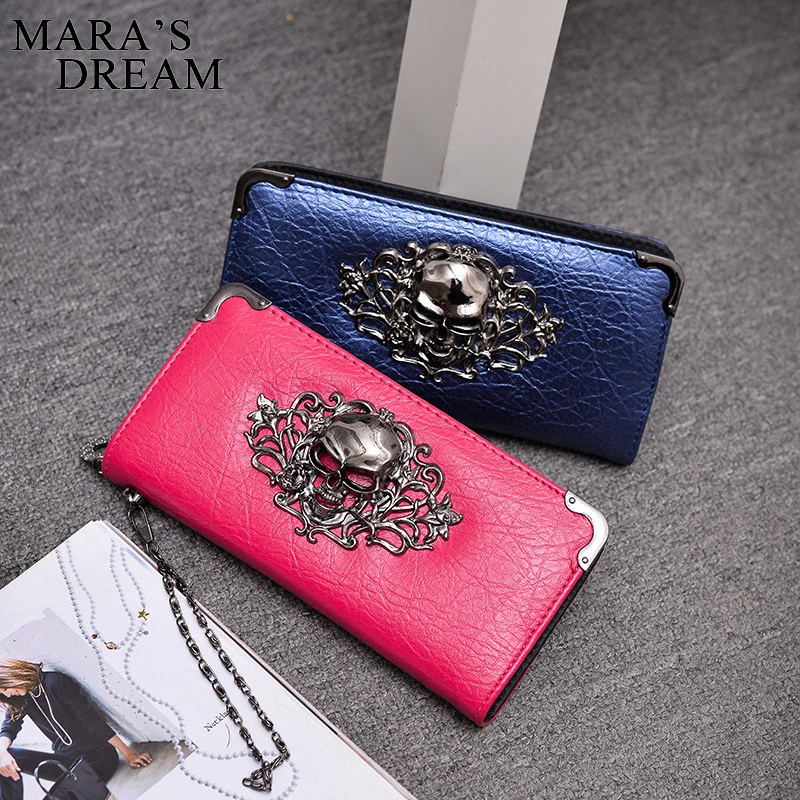 Mara\'s Dream Long Wallets Fashion Metal Skull Pattern PU Leather Women Wallets Portable Casual Lady Cash Purse Card Holder  Gift