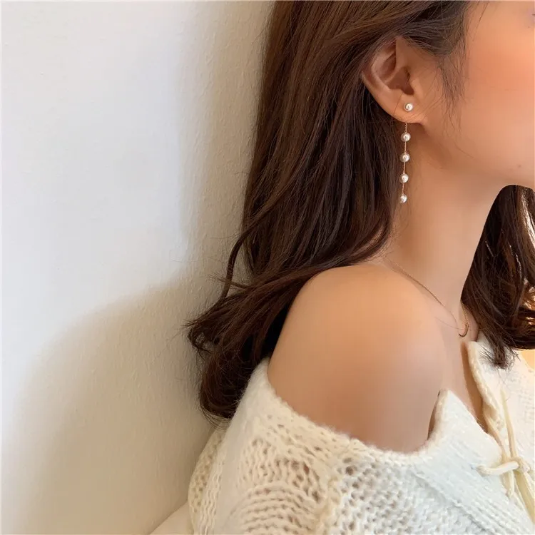 Sweet Girl Earrings 2020 Korean Version Of The New Temperament Earrings Net Red All-match Pearl Chain Tassel Long Earrings