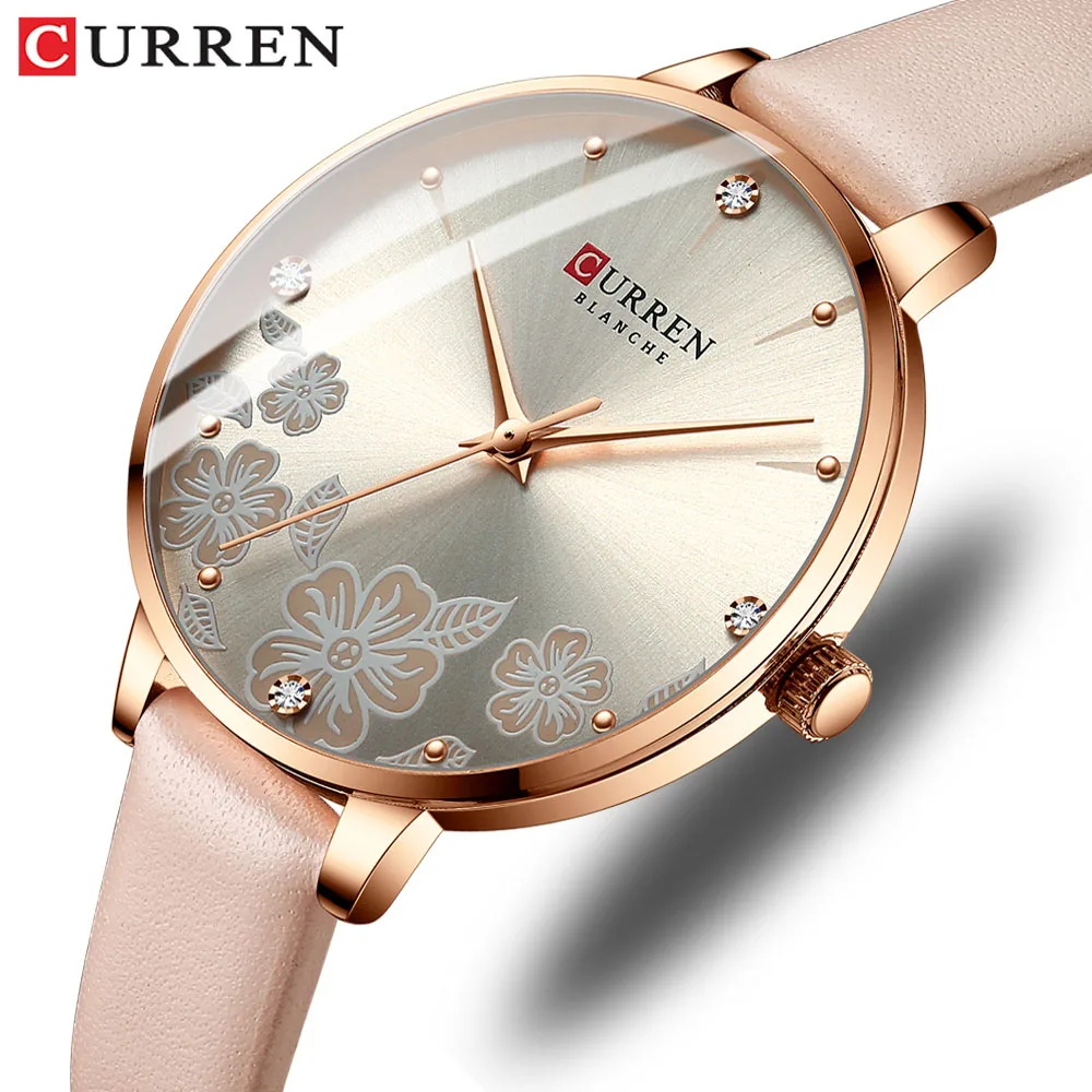 CURREN Top Luxury Brand Ladies Watch with Rhinestones and Flower Dial Quartz Leather Strap Charm Ladies Watch reloj mujer