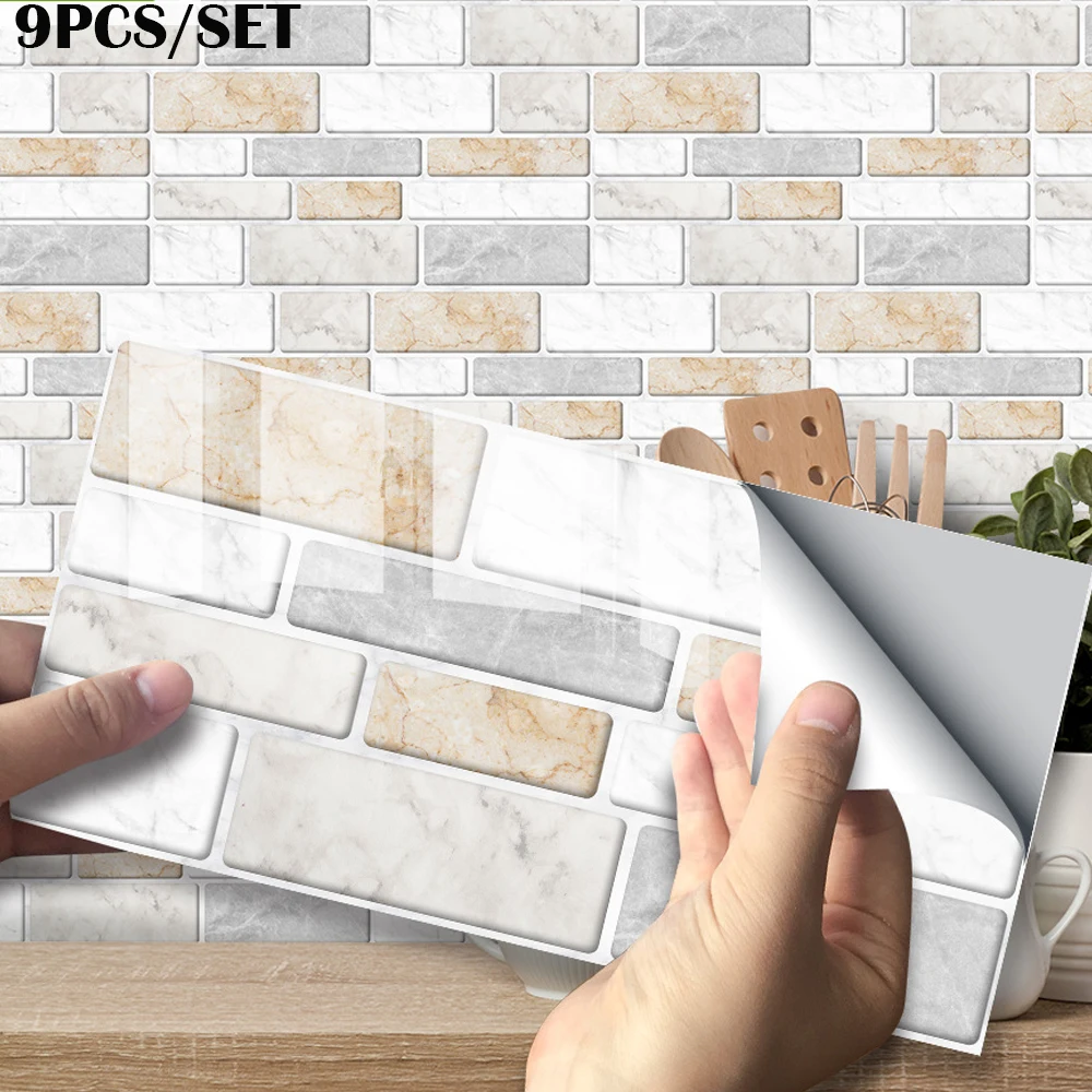9Pcs 3D Three-dimensional Wall Sticker For Living Room TV Background Wall Sticker Self-adhesive Brick Pattern Wallpaper Decor