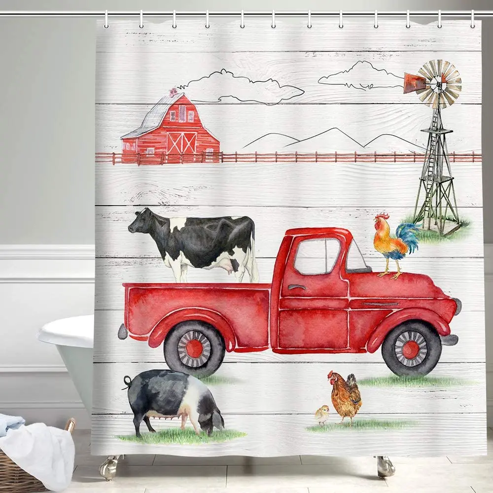 Farmhouse Animal Rooster Pig on Garage Barn Shower Curtains Funny Farm Cow with Rustic Red Truck on Retro Wooden