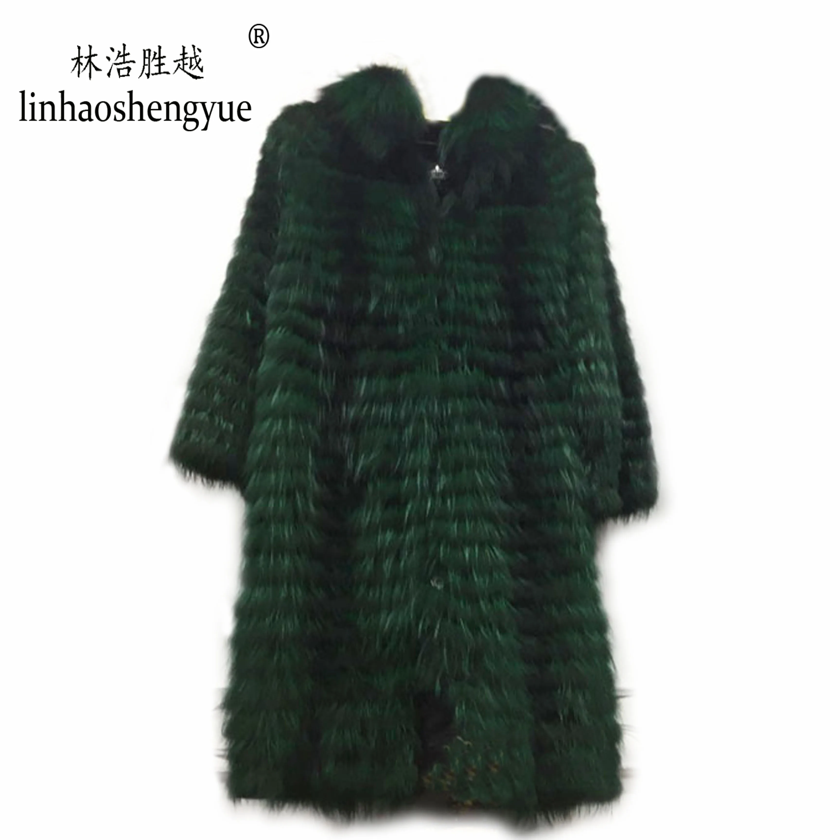 Linhaoshengyue  90cm Long Real Silver Fox  Nature Fur Coat  Wool  Knit Liner,Stylish Stand Collar