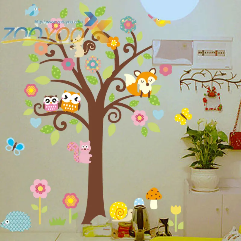 cartoon owls on colorful tree wall stickers for kids rooms home decor removable pvc wall decals diy mural art decoration