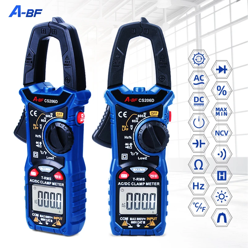 Digital Clamp Meter Auto Range Multimeter A-BF CS206B/CS206D True RMS AC/DC Backlight NCV Current Voltage Temp Capacitor Tester