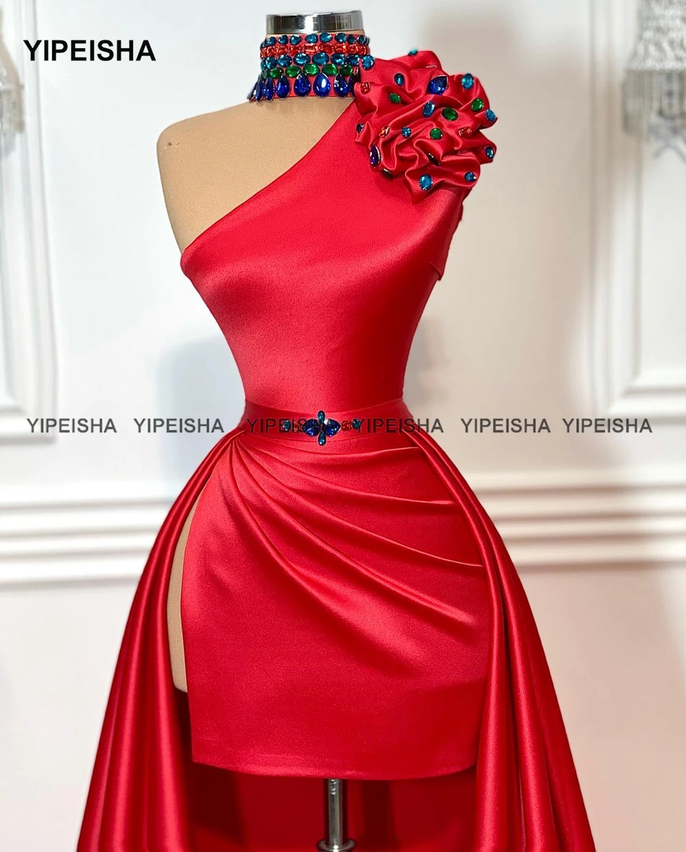 Yipeisha Beaded Collar Red Prom Dress High Low Asymmetric Hi-lo Party Dress Custom Made Satin Masquerade Gown Customized