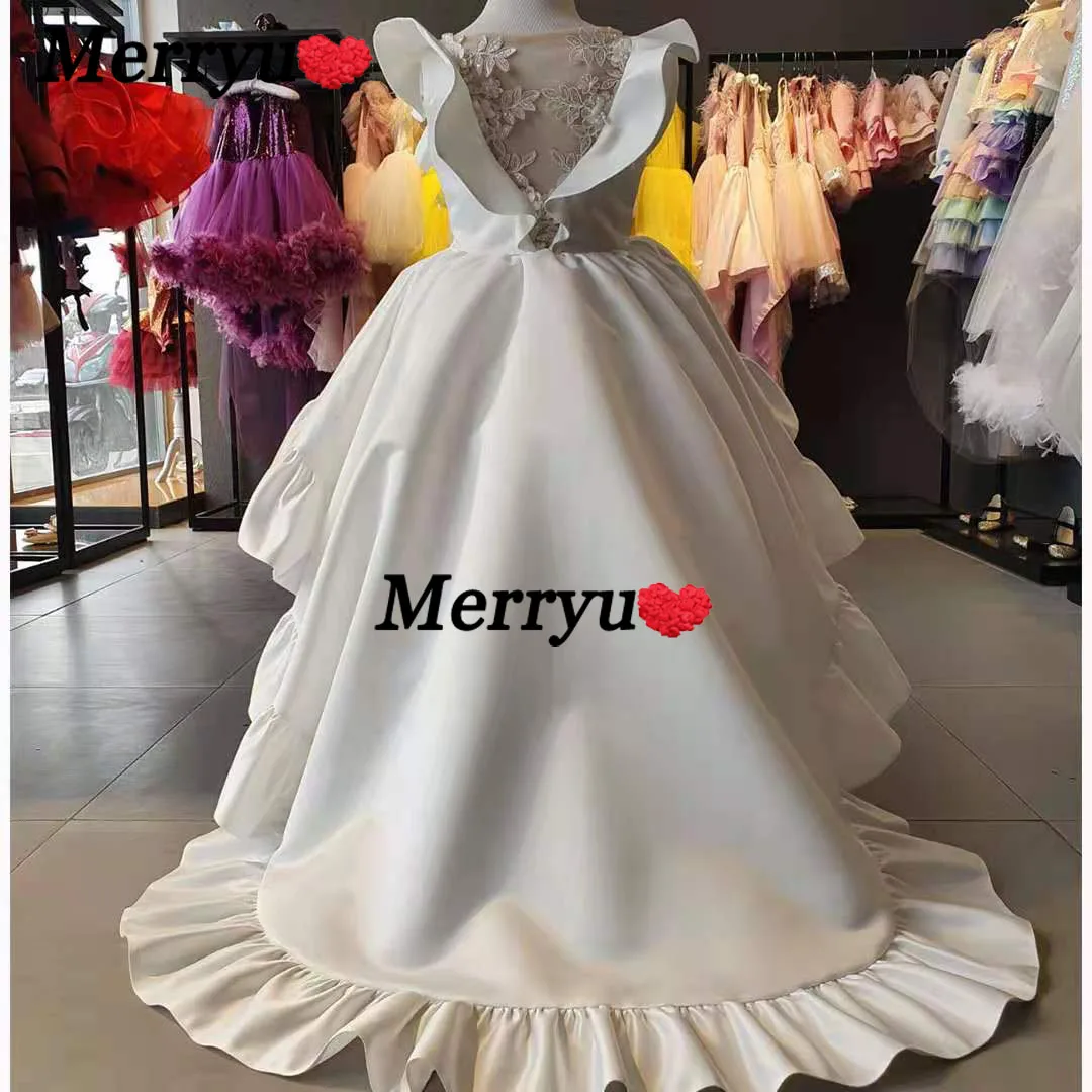 High Low Little Kids Satin First Communion Dresses Appliqued Ball Gown Pageant Dress Flower Girl Dresses for WeddingsDress