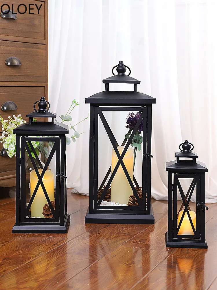 Large Glass Candle Holders Wedding Decorations Garden Black European Lamp Retro Iron Candle Holder Lantern Outdoor Christmas New