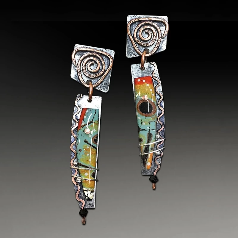 Tribal Spiral Colorful Resin Stone Dangle Earrings For Women Vintage Jewelry Bronze Metal Painting Pattern Geometric Drop Earing