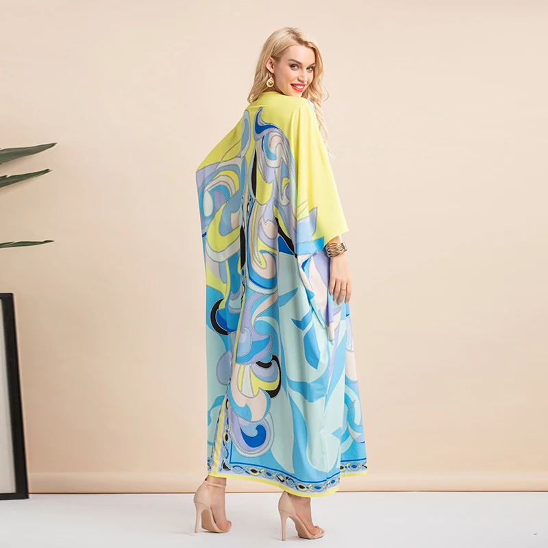 MIUXIMAO 2023 Bohemian Plus Size Dress V-neck Batwing Sleeve Maxi Dress Women Colourful Floor Length New Kaftan Loose Dress