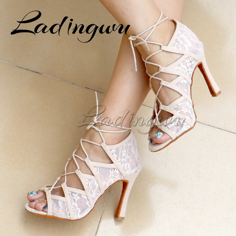 Ladingwu Lace Dance Shoes Women Beige Suede Latin Dance Shoes Ballroom Salsa Professional Performance Dance Shoes