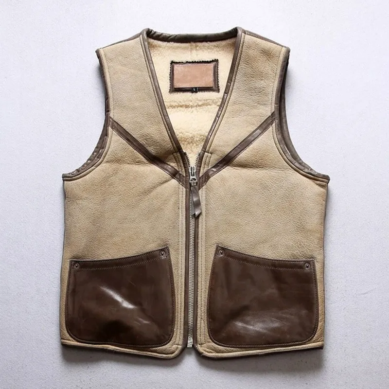 Designer Men V-Neck Slim Short Sheepskin Vest Pockets Zipper Wool Cargo Sleeveless Jackets Vintage Biker Waistcoat Oversize 4XL