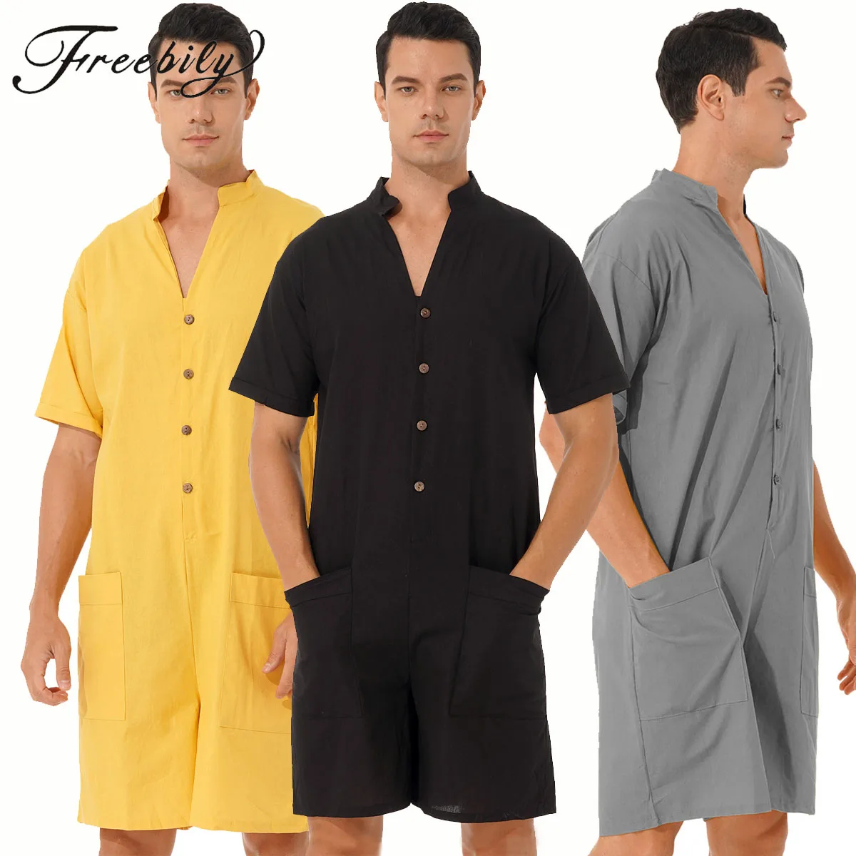 Men Bodysuit Romper Sleepwear Loose Breathable Casual Jumpsuit Catsuit Homewear Nightwear