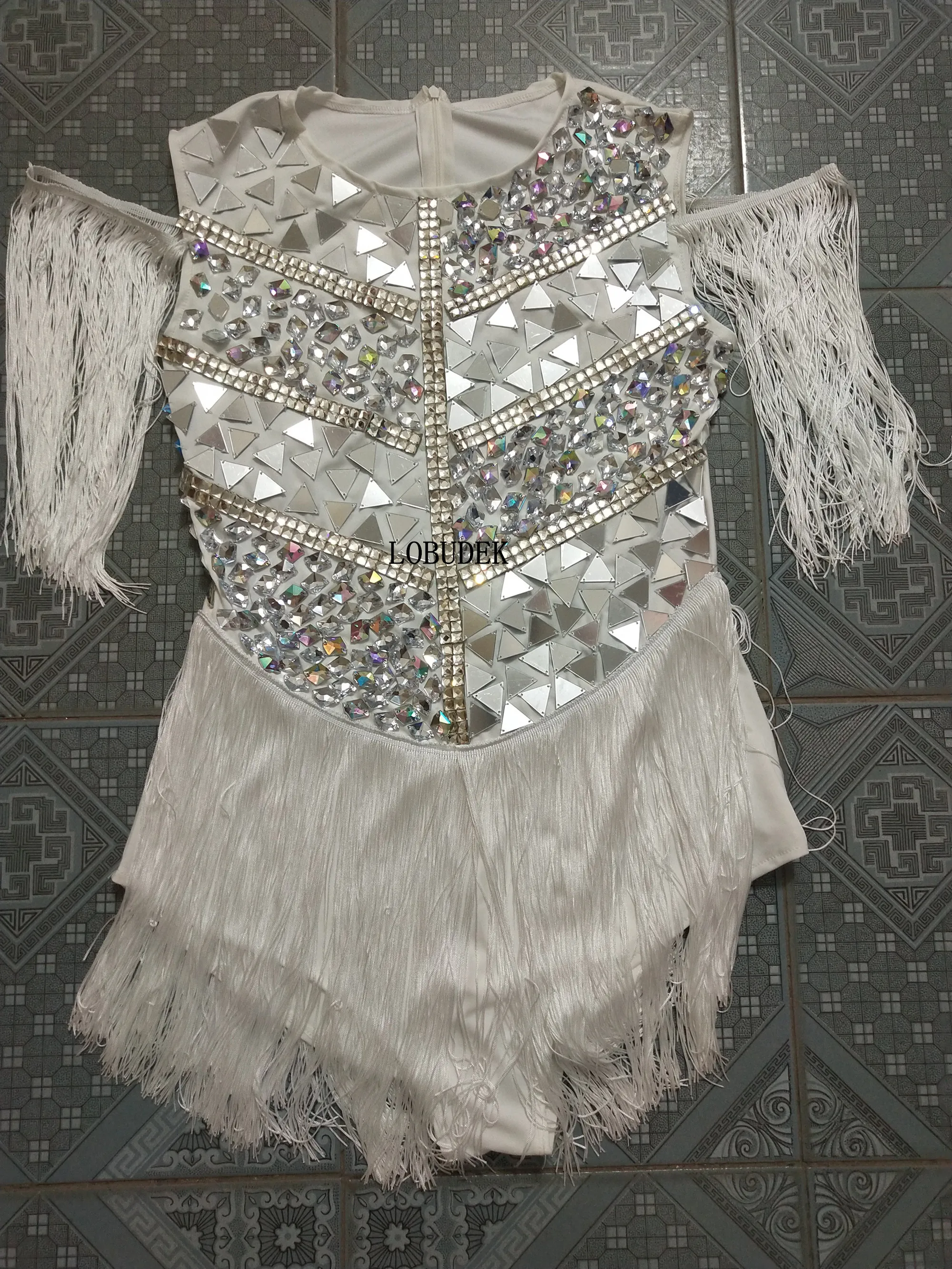 White Tassel Rhinestones Mirror Leotard Women DJ Nightclub Fringe Sequins Bodysuit Sexy Stage Wear Dancer Performance Costume