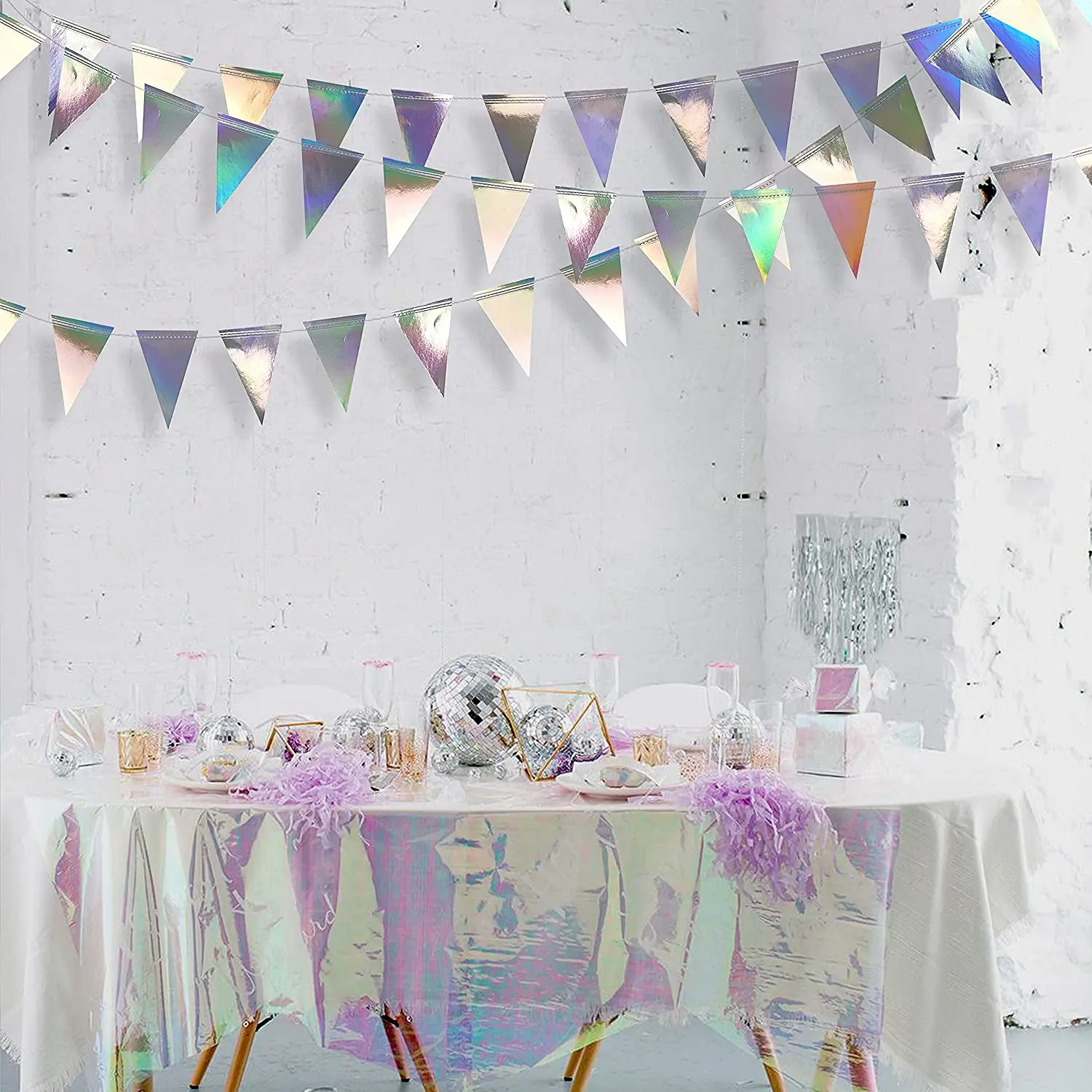 

Iridescent Holographic New Year Party Decor Paper Flag Banner Star Moon Garland Hanging String Chain For Wedding Birthday Party