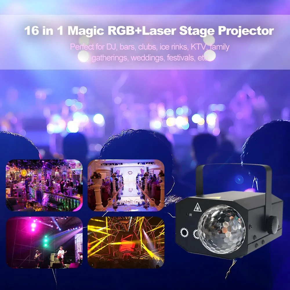 

16Patterns La-ser Projector RGB Stage Light Disco LED Magic Ball Party Lights Souns Active Music Center Strobe Lamp with Remote