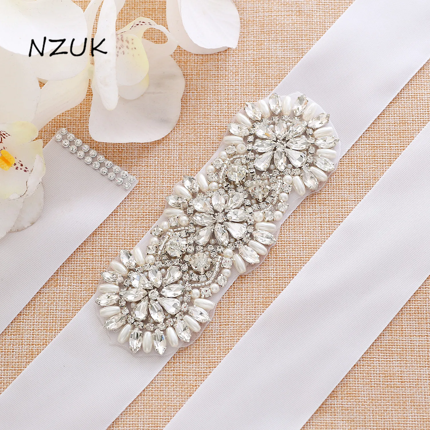 

NZUK Silver Rhinestones Bridal Belt Crystal Pearls Ribbons Wedding Sash For Bridal Bridesmaids Dresses