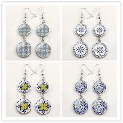 2020 Portuguese tile Graphic Earrings Mandala Portugal flower Earring for women girls birthday gift Temperamental Jewelry