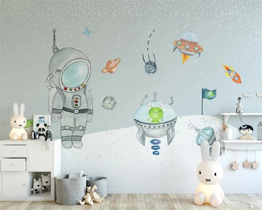 Hand-Painted Custom 3D Cartoon Space Universe Wall Mural for Children's Room Background - Unique Personalized 3d Wallpaper