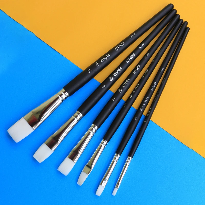 

6 pcs Black short rod White Nylon hair flat head paint brush gouache watercolor acrylic oil painting set art tools supplies