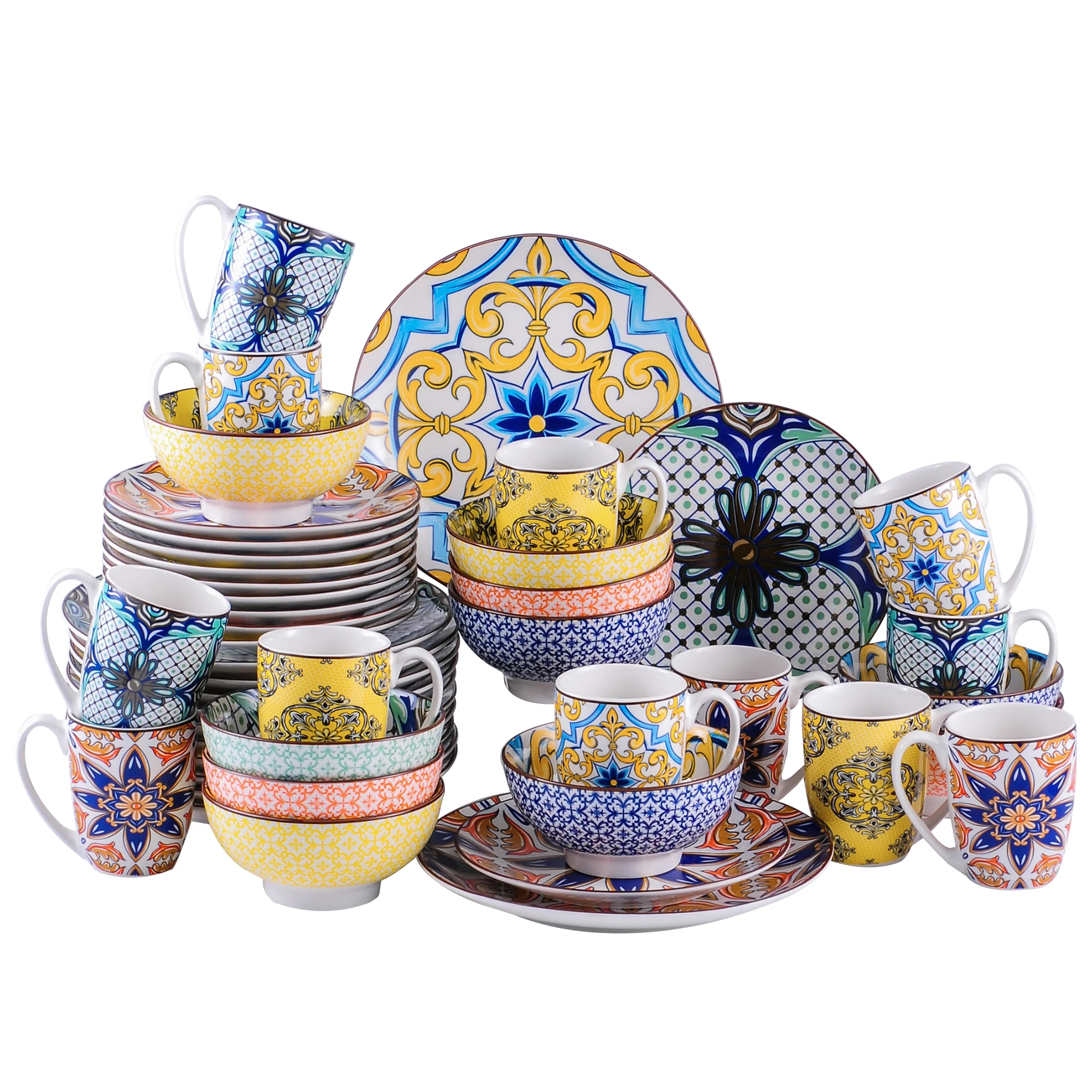 Vancasso 16/32/48 Stuk Jasmin Patroon Porselein Servies Servies Diner Set Met Diner Plaat, Dessertbord, kom, Mok Set