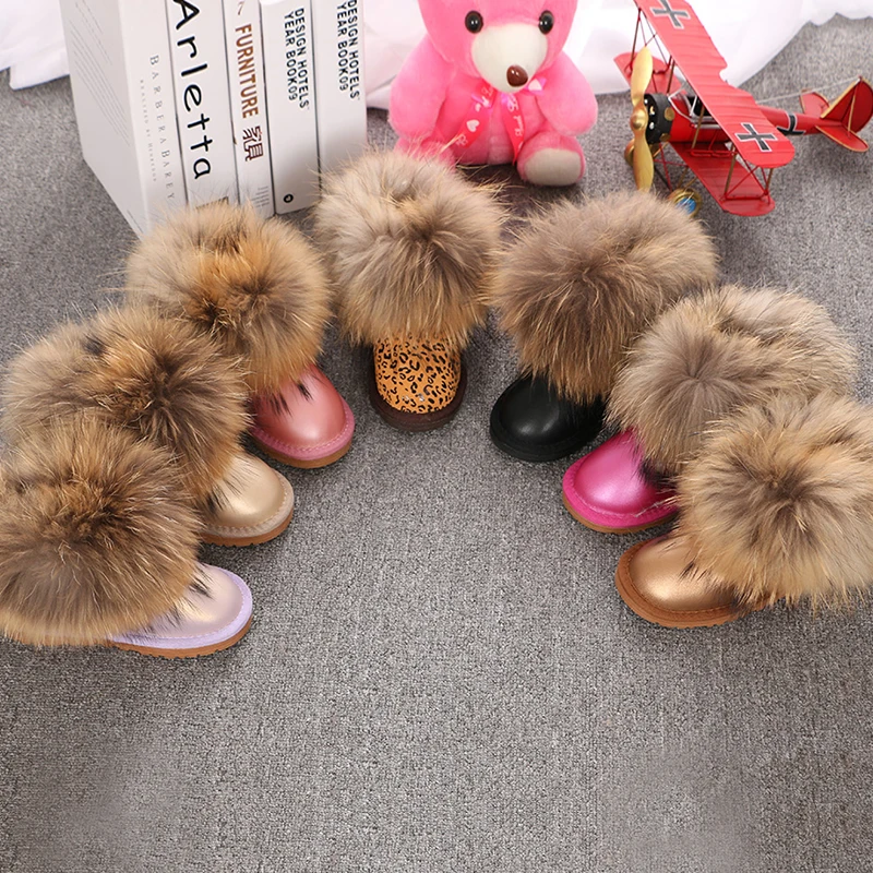 Genuine Leather Children Shoes Customized Kids Snow Boots Natural Big Fox Fur Cold Winter Boys Girls Warm Botas Baby Boots